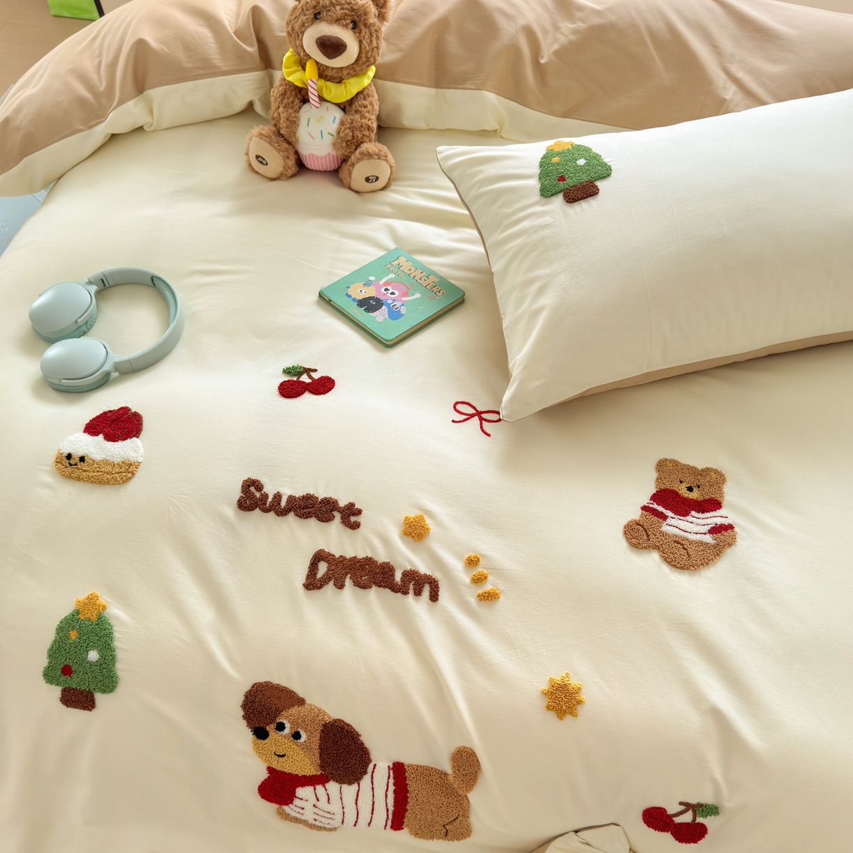 91家纺网 家纺一手货源 找家纺 如意朵 2026新款全棉小清新绣花四件套第一批 梦想狗狗