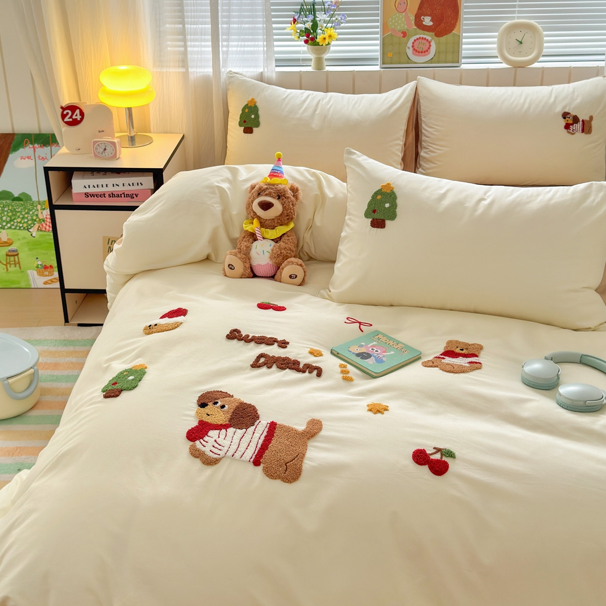 91家纺网 家纺一手货源 找家纺 如意朵 2026新款全棉小清新绣花四件套第一批 梦想狗狗