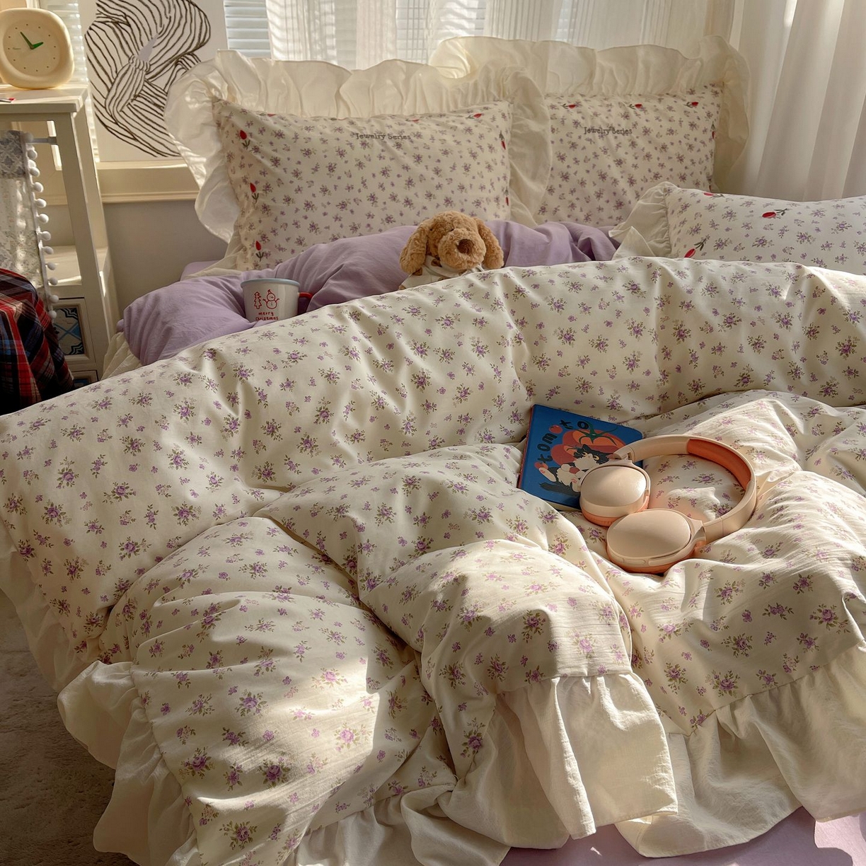 91家纺网 家纺一手货源 找家纺 梦舒羽 2026新款A类云朵棉亲肤四季款刺绣1.8m四件套席床单宿舍绣花1.5米三件套 欣欣花语-紫（刺绣款）