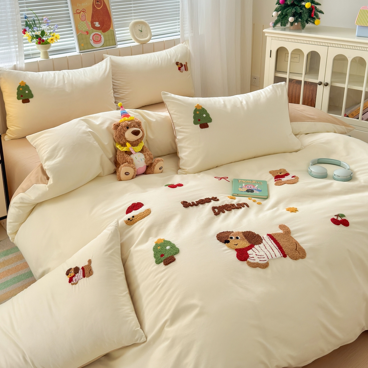 91家纺网 家纺一手货源 找家纺 如意朵 2026新款全棉小清新绣花四件套第一批 梦想狗狗