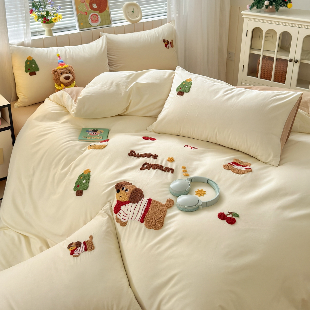 91家纺网 家纺一手货源 找家纺 如意朵 2026新款全棉小清新绣花四件套第一批 梦想狗狗