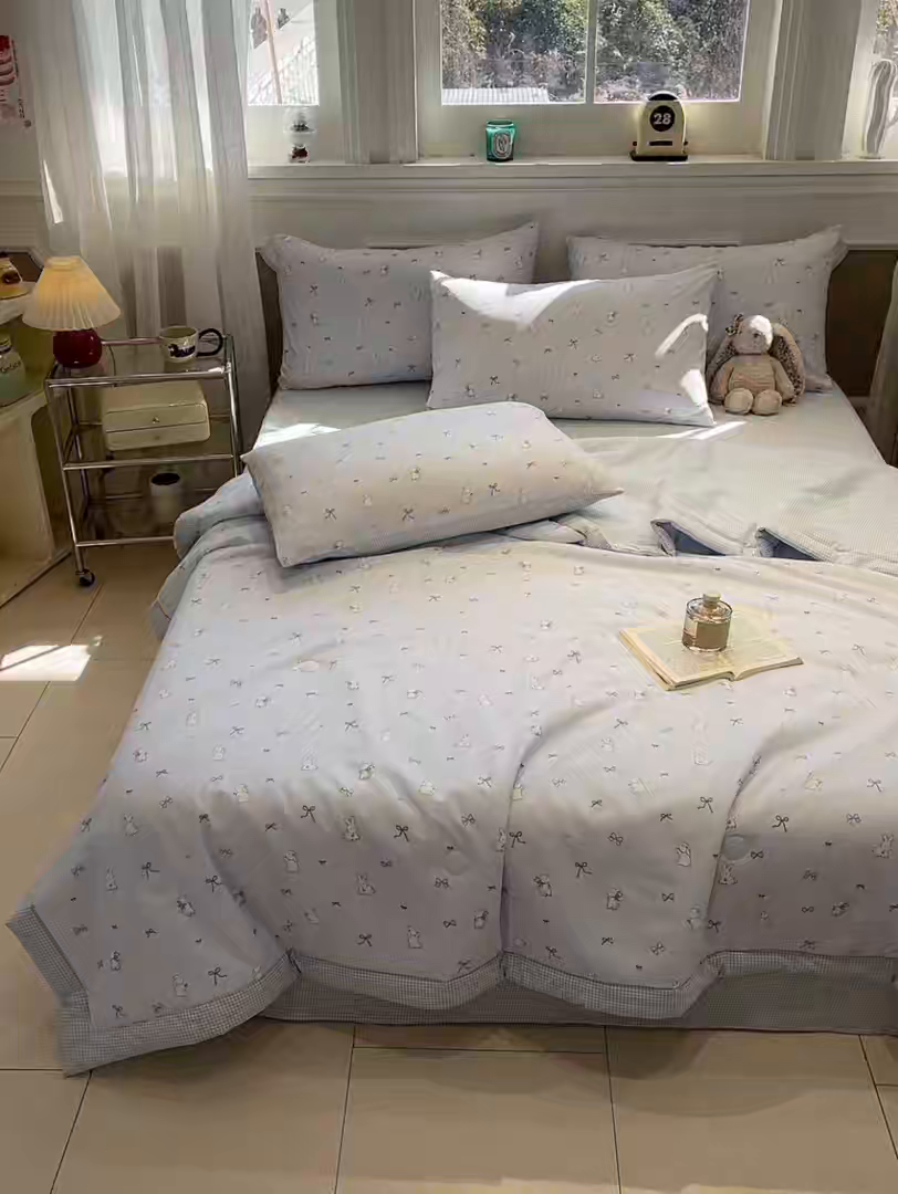 91家纺网 家纺一手货源 找家纺 一加一 2026新款雅棉活性印花大豆夏被四件套 夏凉被空调被 软萌兔