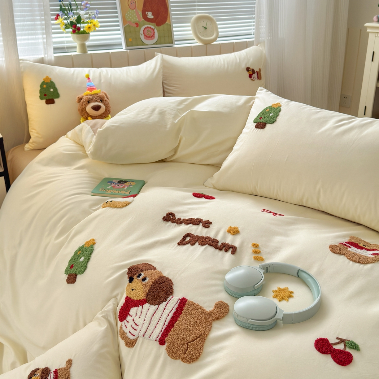 91家纺网 家纺一手货源 找家纺 如意朵 2026新款全棉小清新绣花四件套第一批 梦想狗狗