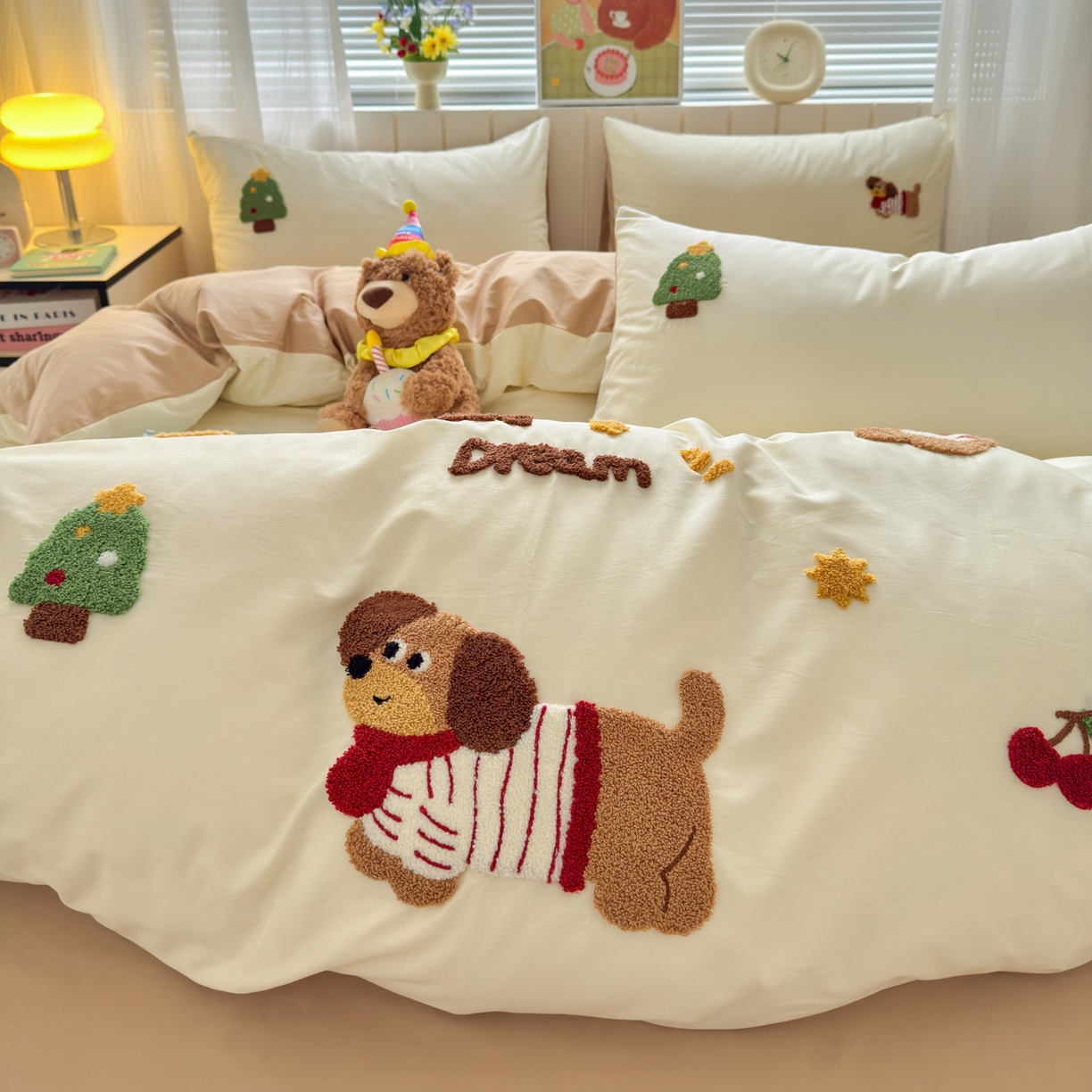 91家纺网 家纺一手货源 找家纺 如意朵 2026新款全棉小清新绣花四件套第一批 梦想狗狗