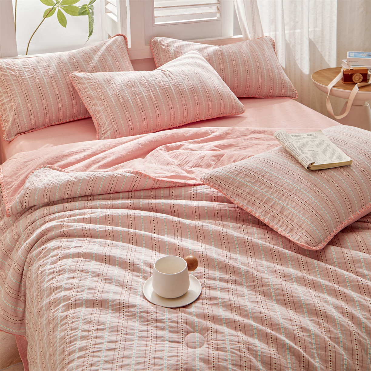 91家纺网 家纺一手货源 找家纺 恬思语家纺 2026春夏新款全棉纯棉色织大提花贝壳边棉花夏被夏凉被空调被丽彩 丽彩-粉