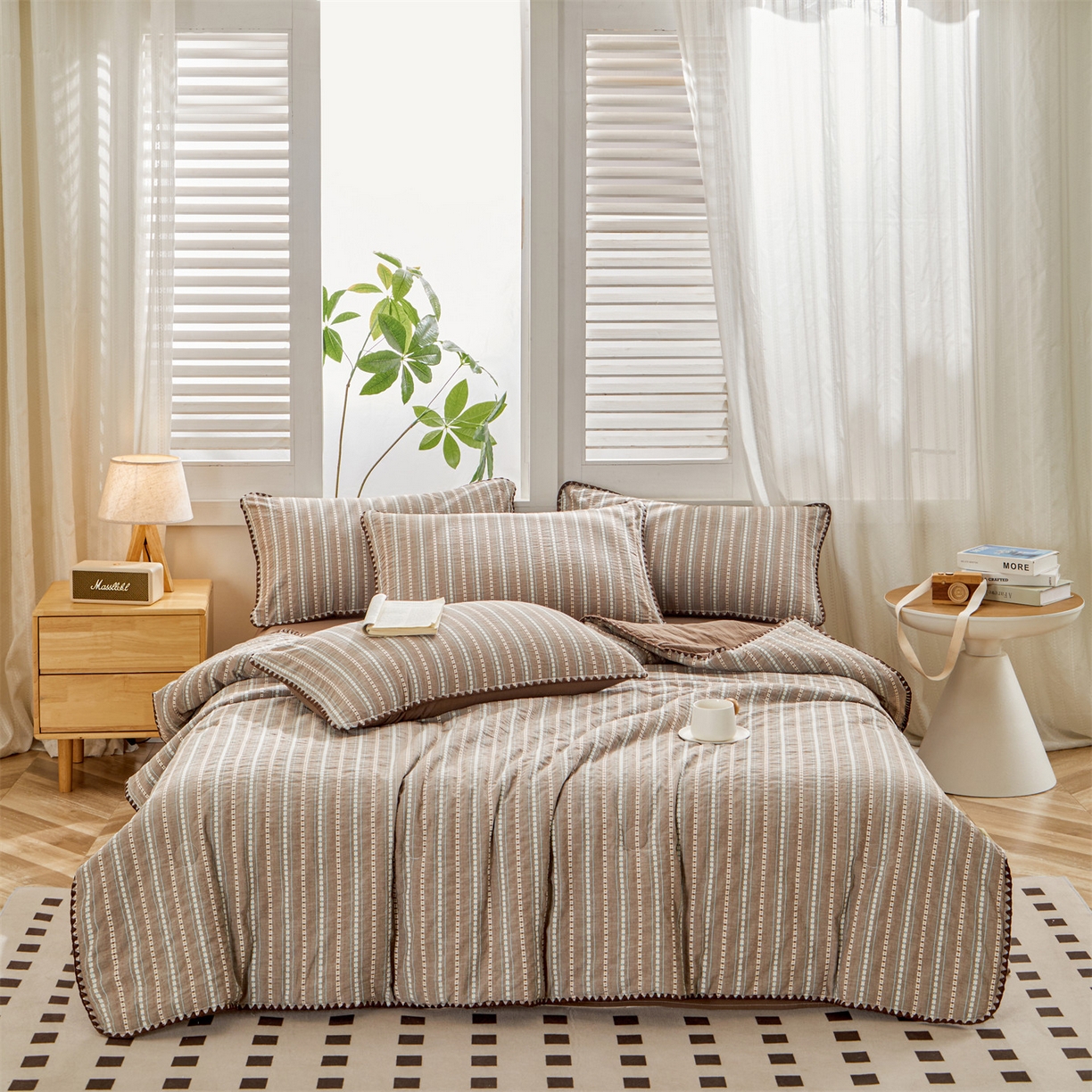 91家纺网 家纺一手货源 找家纺 恬思语家纺 2026春夏新款全棉纯棉色织大提花贝壳边棉花夏被夏凉被空调被丽彩 丽彩-咖