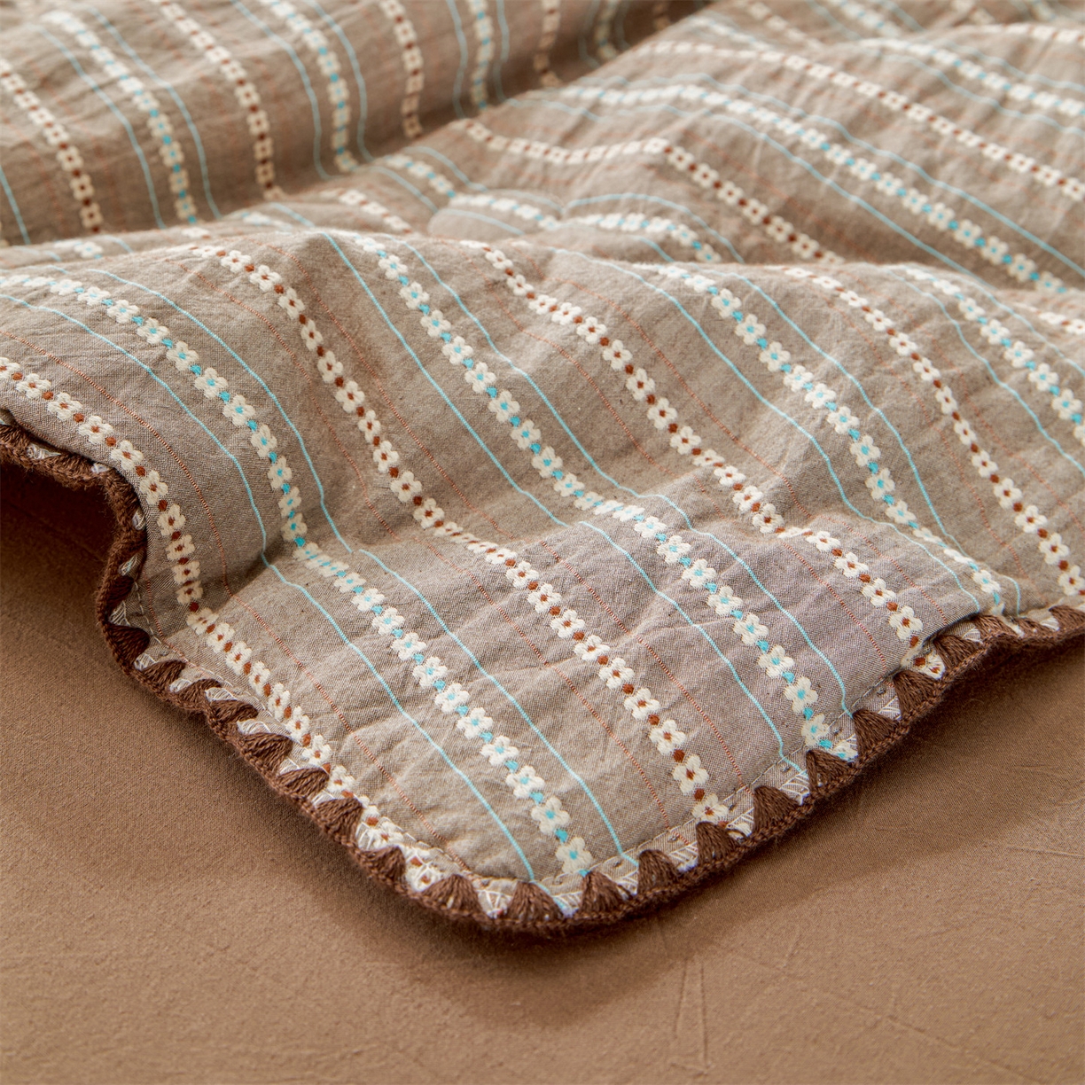 91家纺网 家纺一手货源 找家纺 恬思语家纺 2026春夏新款全棉纯棉色织大提花贝壳边棉花夏被夏凉被空调被丽彩 丽彩-咖