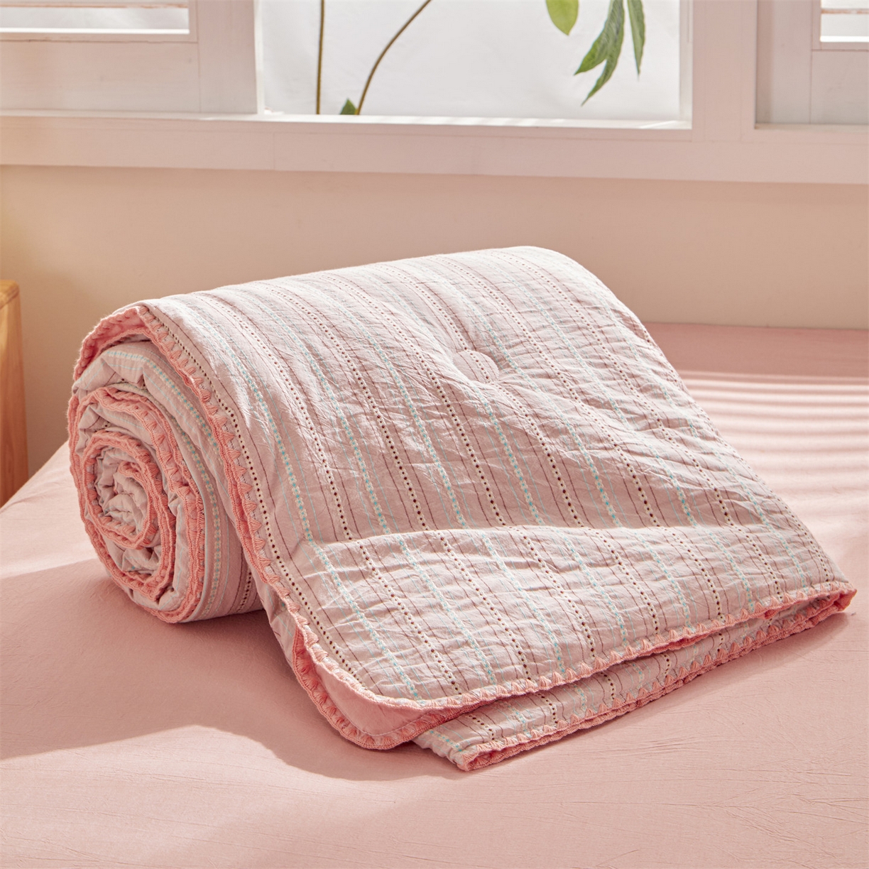 91家纺网 家纺一手货源 找家纺 （总）恬思语家纺 2026春夏新款全棉纯棉色织大提花贝壳边棉花夏被夏凉被空调被丽彩