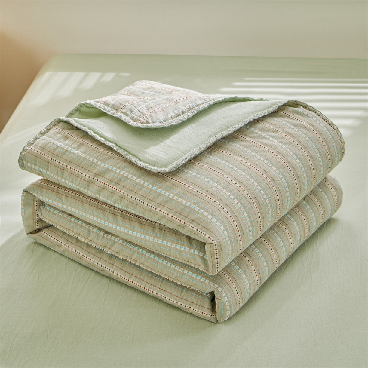 91家纺网 家纺一手货源 找家纺 恬思语家纺 2026春夏新款全棉纯棉色织大提花贝壳边棉花夏被夏凉被空调被丽彩 丽彩-绿