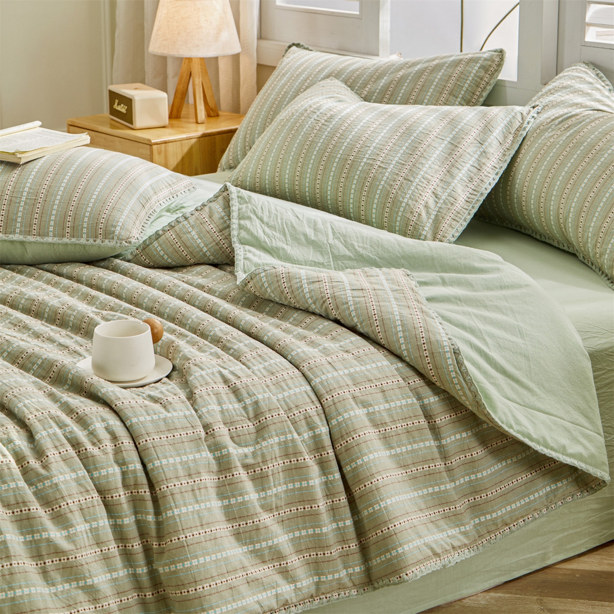 91家纺网 家纺一手货源 找家纺 恬思语家纺 2026春夏新款全棉纯棉色织大提花贝壳边棉花夏被夏凉被空调被丽彩 丽彩-绿