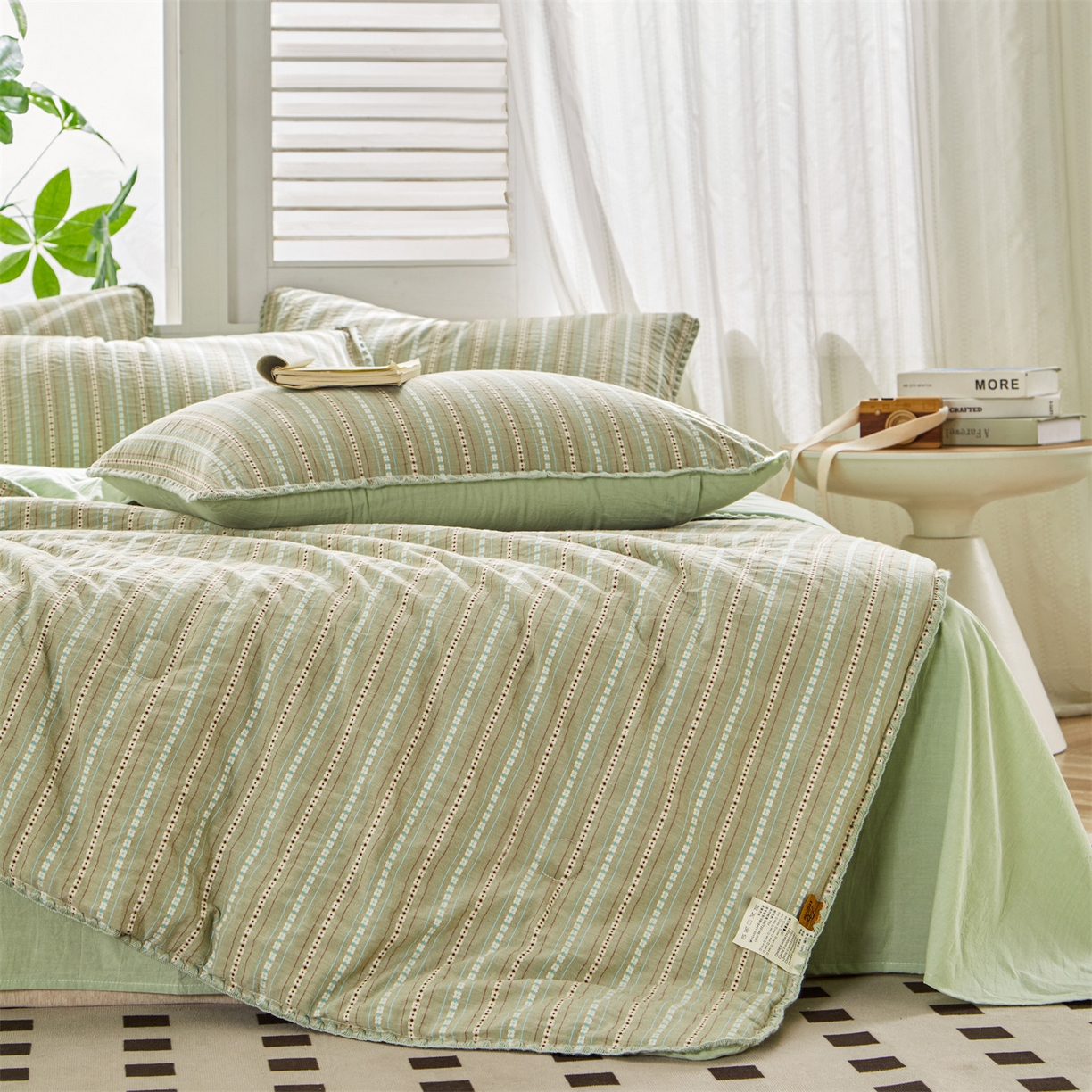 91家纺网 家纺一手货源 找家纺 恬思语家纺 2026春夏新款全棉纯棉色织大提花贝壳边棉花夏被夏凉被空调被丽彩 丽彩-绿