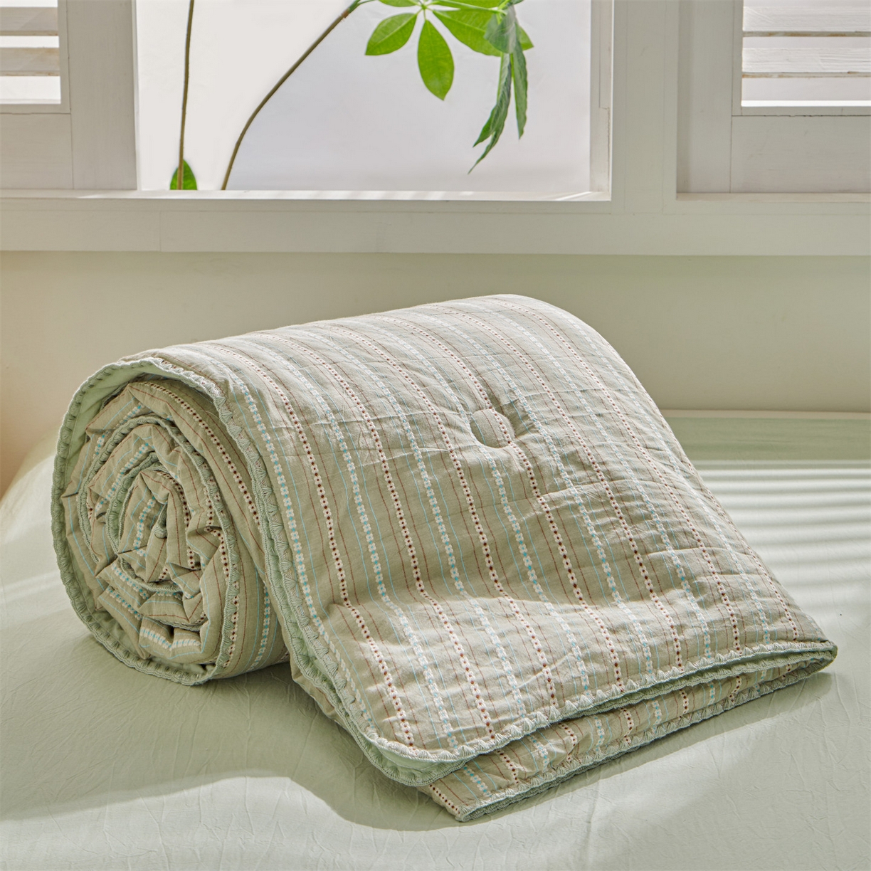 91家纺网 家纺一手货源 找家纺 恬思语家纺 2026春夏新款全棉纯棉色织大提花贝壳边棉花夏被夏凉被空调被丽彩 丽彩-绿