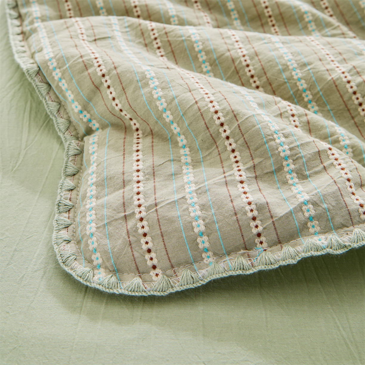 91家纺网 家纺一手货源 找家纺 恬思语家纺 2026春夏新款全棉纯棉色织大提花贝壳边棉花夏被夏凉被空调被丽彩 丽彩-绿