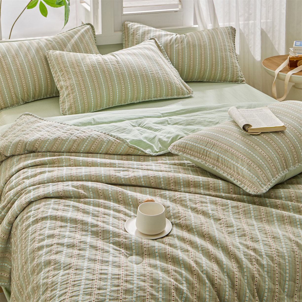 91家纺网 家纺一手货源 找家纺 恬思语家纺 2026春夏新款全棉纯棉色织大提花贝壳边棉花夏被夏凉被空调被丽彩 丽彩-绿