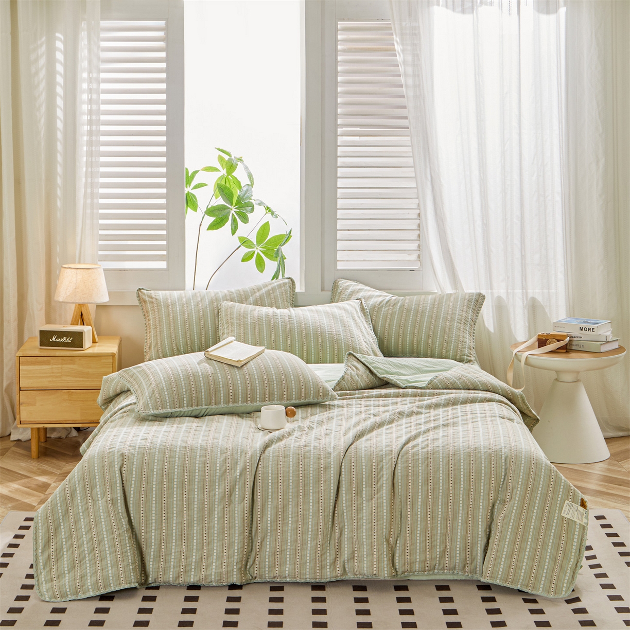 91家纺网 家纺一手货源 找家纺 恬思语家纺 2026春夏新款全棉纯棉色织大提花贝壳边棉花夏被夏凉被空调被丽彩 丽彩-绿