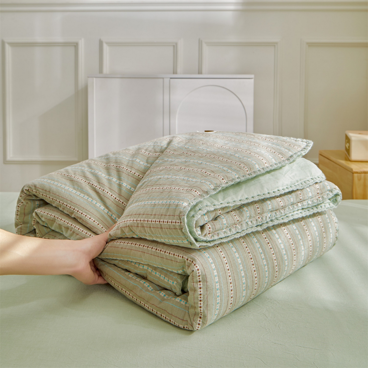 91家纺网 家纺一手货源 找家纺 恬思语家纺 2026春夏新款全棉纯棉色织大提花贝壳边棉花夏被夏凉被空调被丽彩 丽彩-绿