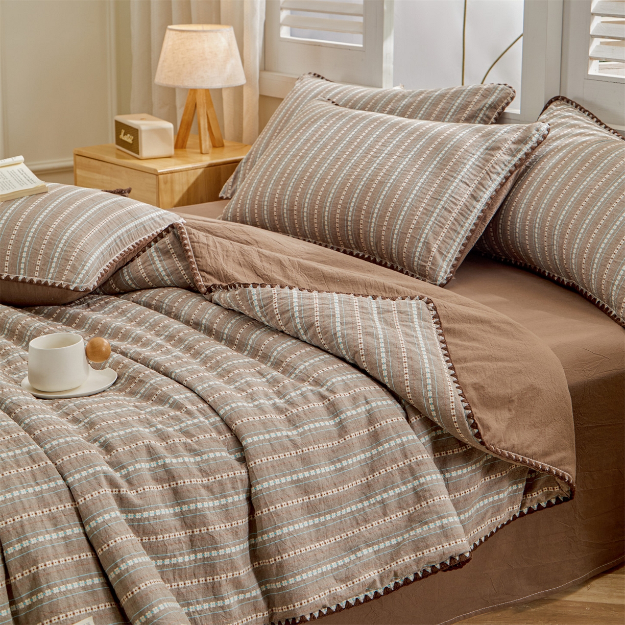 91家纺网 家纺一手货源 找家纺 恬思语家纺 2026春夏新款全棉纯棉色织大提花贝壳边棉花夏被夏凉被空调被丽彩 丽彩-咖