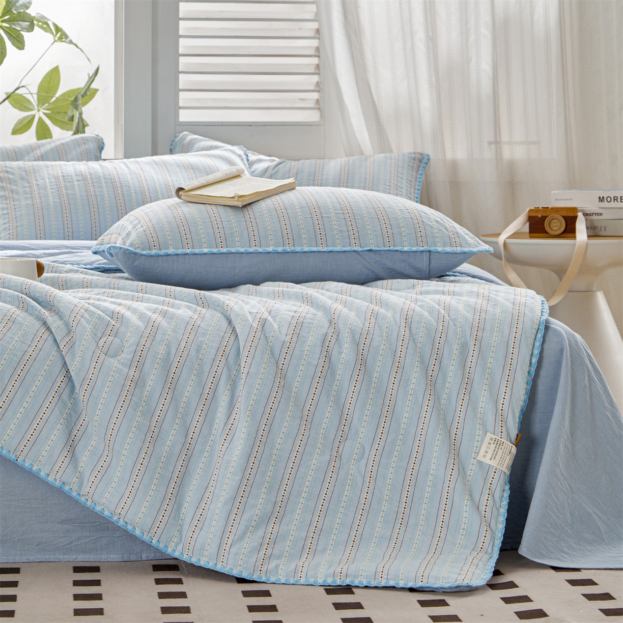 91家纺网 家纺一手货源 找家纺 恬思语家纺 2026春夏新款全棉纯棉色织大提花贝壳边棉花夏被夏凉被空调被丽彩 丽彩-蓝