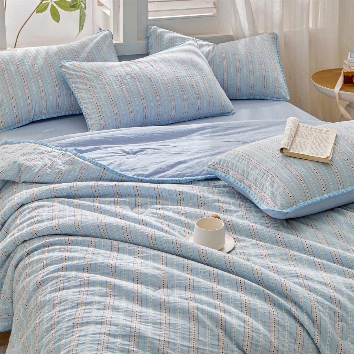 91家纺网 家纺一手货源 找家纺 恬思语家纺 2026春夏新款全棉纯棉色织大提花贝壳边棉花夏被夏凉被空调被丽彩 丽彩-蓝