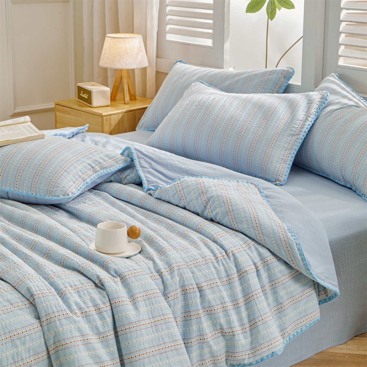 91家纺网 家纺一手货源 找家纺 恬思语家纺 2026春夏新款全棉纯棉色织大提花贝壳边棉花夏被夏凉被空调被丽彩 丽彩-蓝