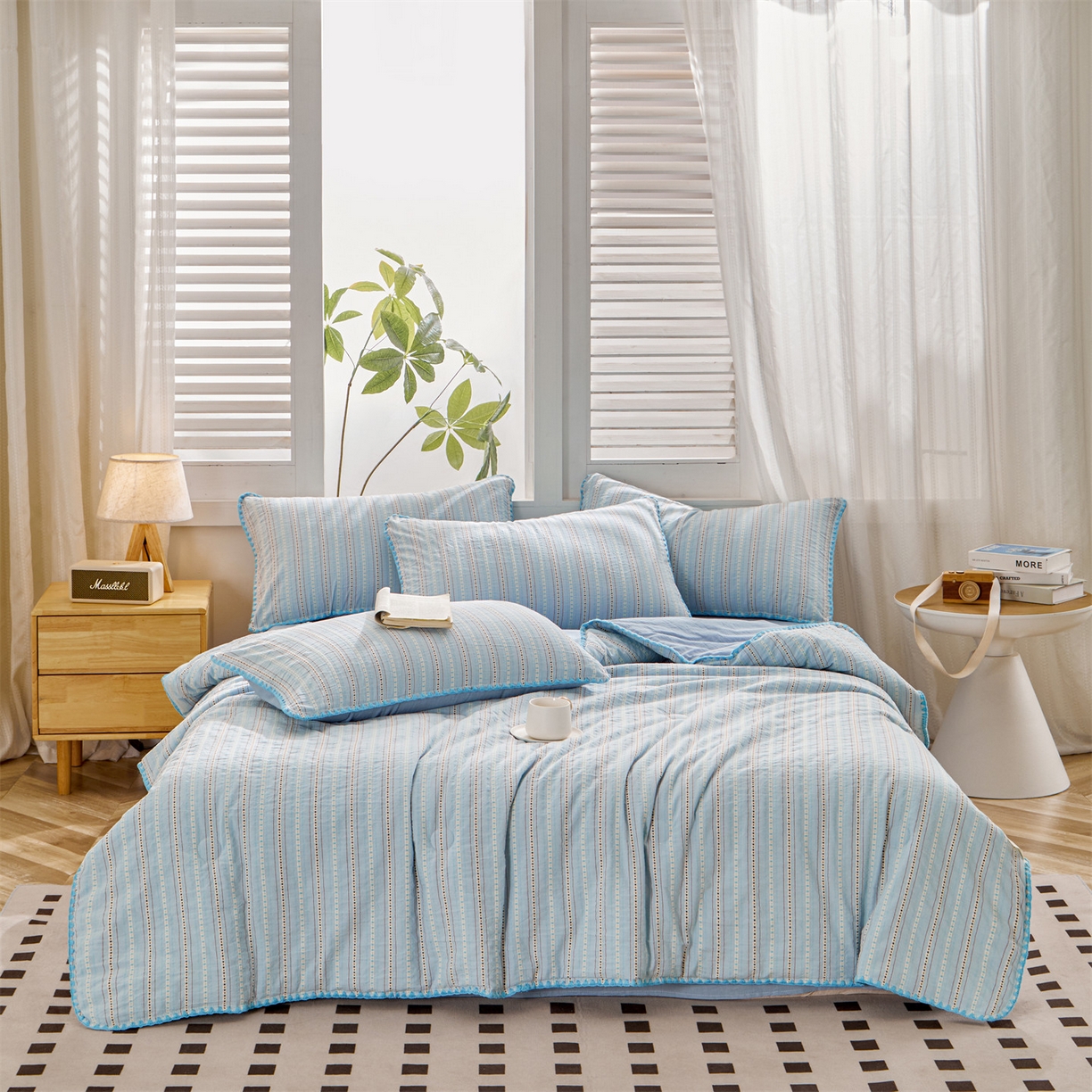 91家纺网 家纺一手货源 找家纺 恬思语家纺 2026春夏新款全棉纯棉色织大提花贝壳边棉花夏被夏凉被空调被丽彩 丽彩-蓝