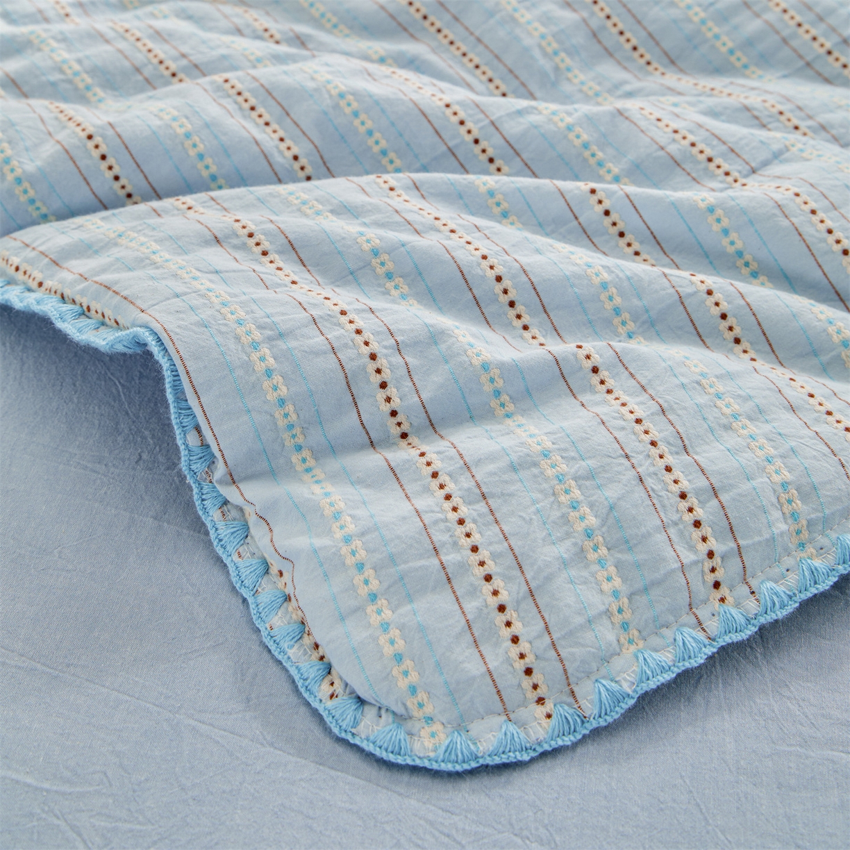 91家纺网 家纺一手货源 找家纺 恬思语家纺 2026春夏新款全棉纯棉色织大提花贝壳边棉花夏被夏凉被空调被丽彩 丽彩-蓝