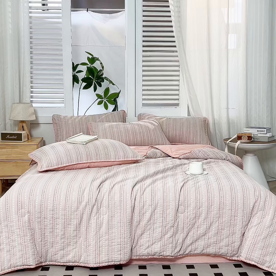 91家纺网 家纺一手货源 找家纺 恬思语家纺 2026春夏新款全棉纯棉色织大提花贝壳边棉花夏被夏凉被空调被丽彩 丽彩-粉