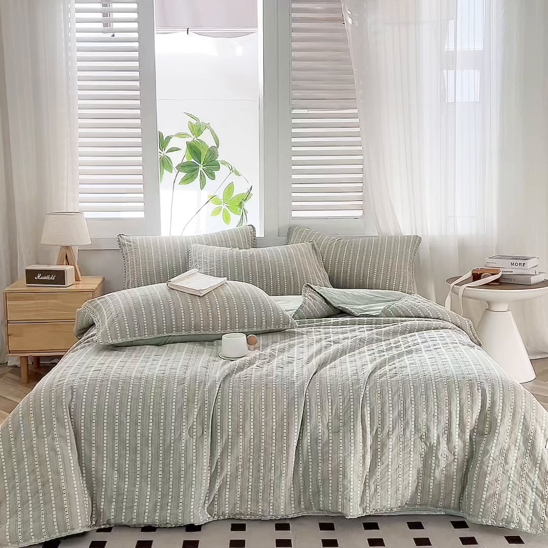 91家纺网 家纺一手货源 找家纺 恬思语家纺 2026春夏新款全棉纯棉色织大提花贝壳边棉花夏被夏凉被空调被丽彩 丽彩-绿