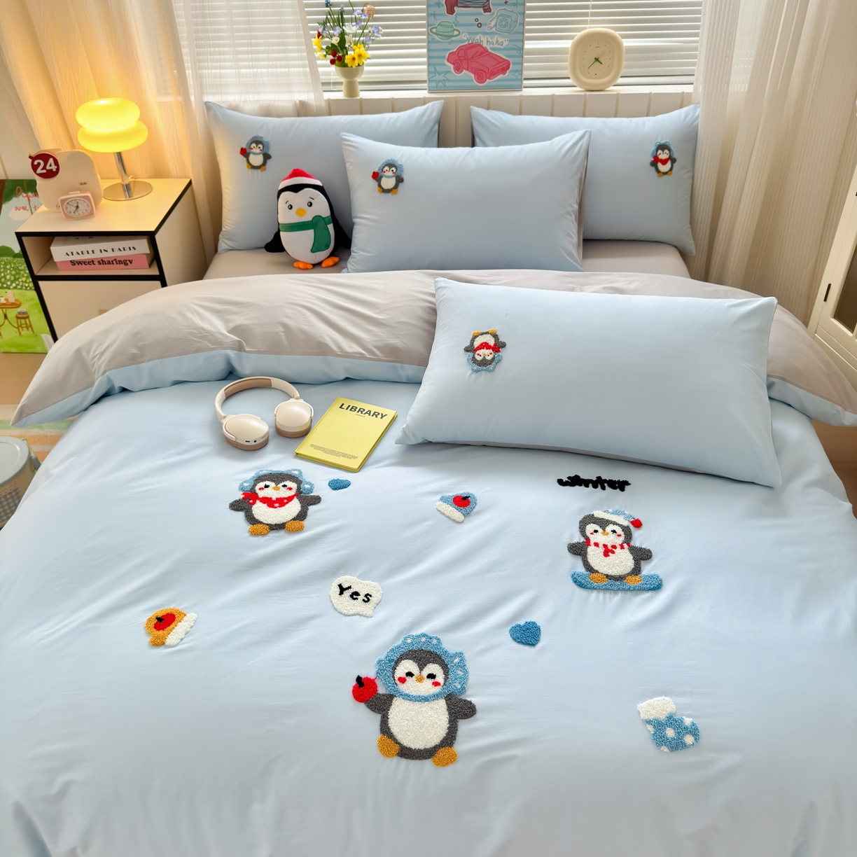 91家纺网 家纺一手货源 找家纺 如意朵 2026新款全棉小清新绣花四件套第一批 梦想企鹅