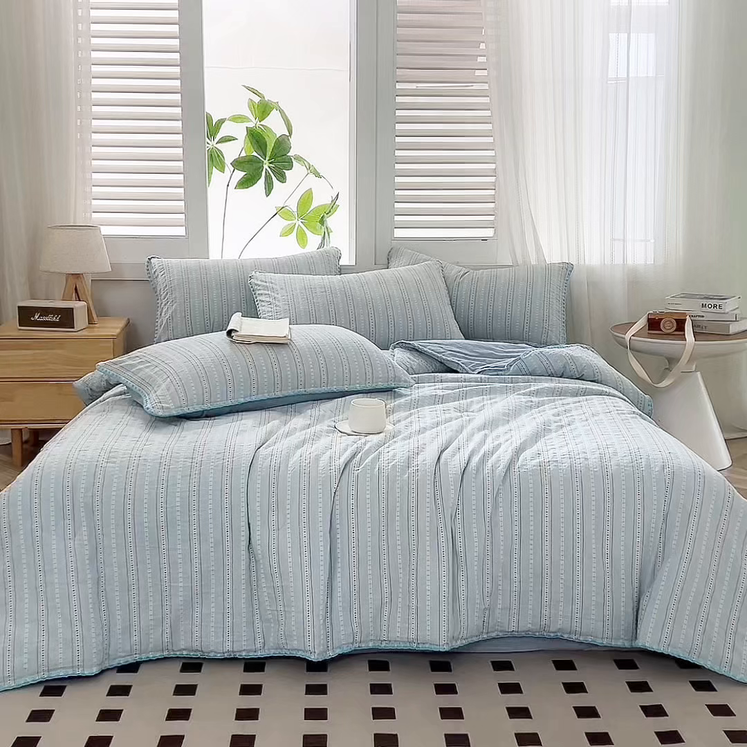 91家纺网 家纺一手货源 找家纺 恬思语家纺 2026春夏新款全棉纯棉色织大提花贝壳边棉花夏被夏凉被空调被丽彩 丽彩-蓝