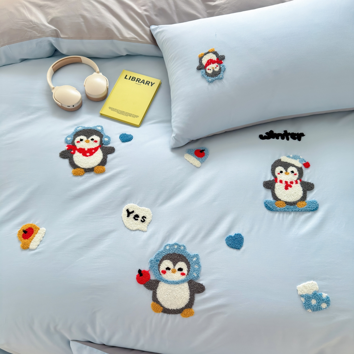 91家纺网 家纺一手货源 找家纺 如意朵 2026新款全棉小清新绣花四件套第一批 梦想企鹅