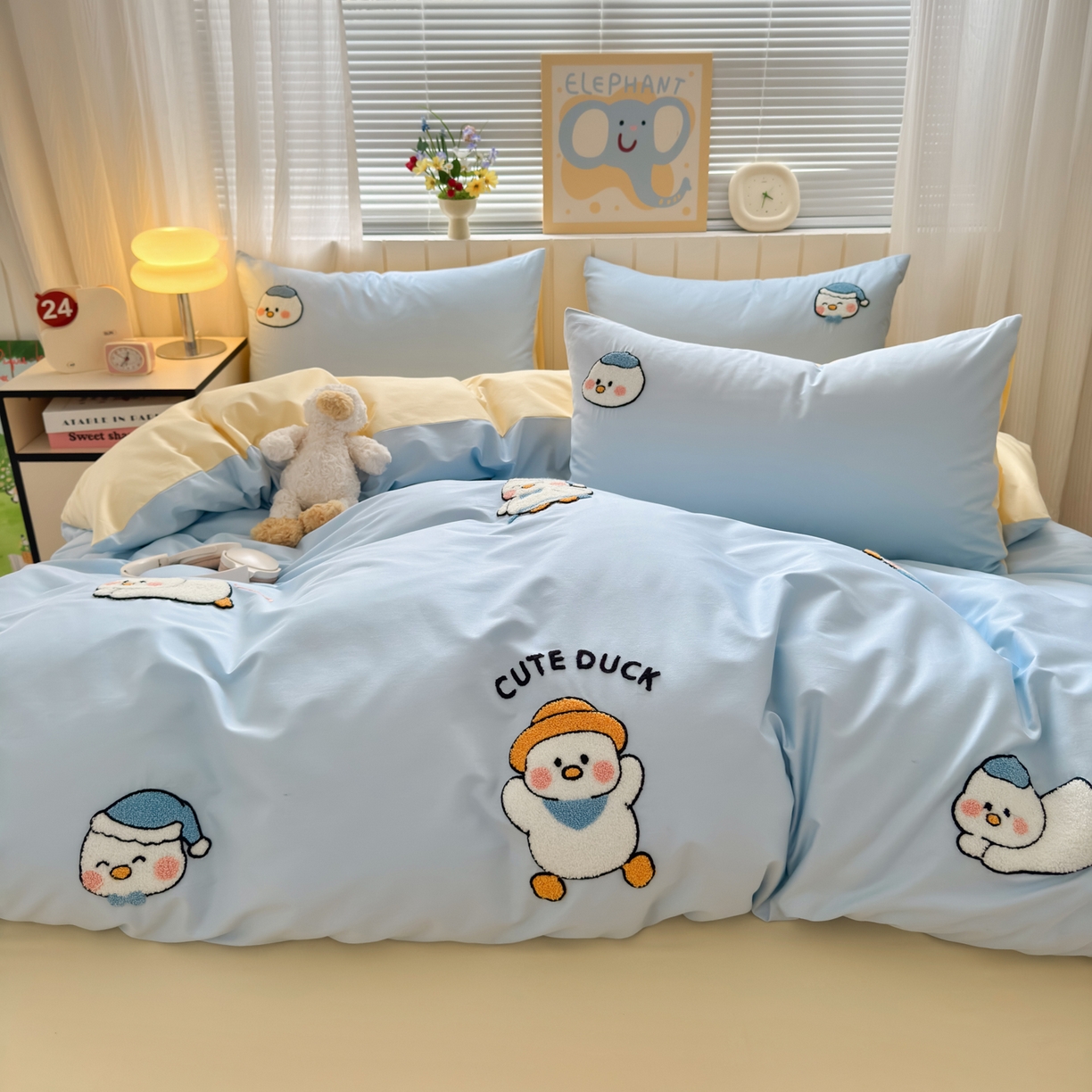 91家纺网 家纺一手货源 找家纺 如意朵 2026新款全棉小清新绣花四件套第一批 奶黄小鸭