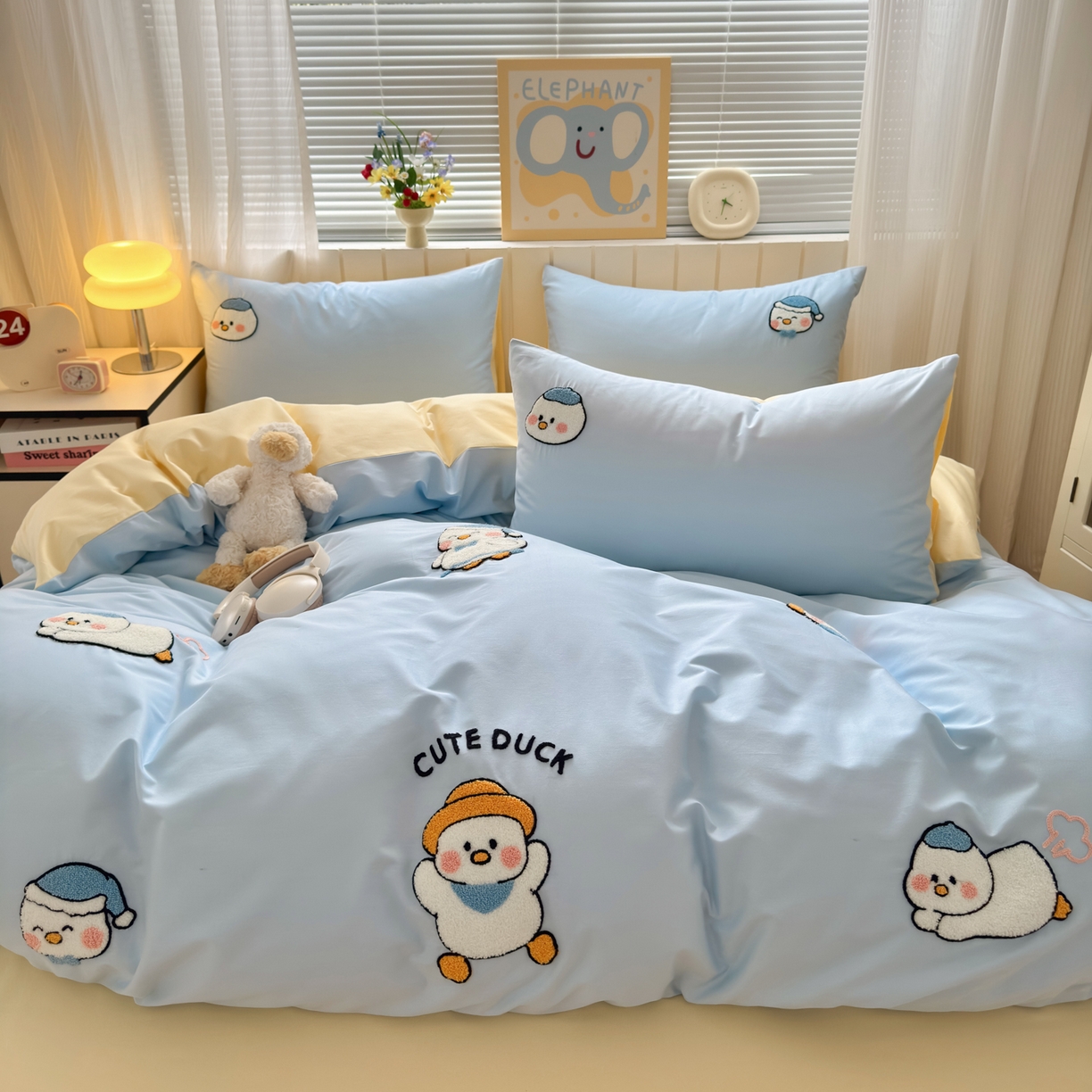 91家纺网 家纺一手货源 找家纺 如意朵 2026新款全棉小清新绣花四件套第一批 奶黄小鸭