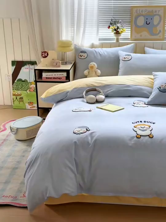 91家纺网 家纺一手货源 找家纺 如意朵 2026新款全棉小清新绣花四件套第一批 奶黄小鸭