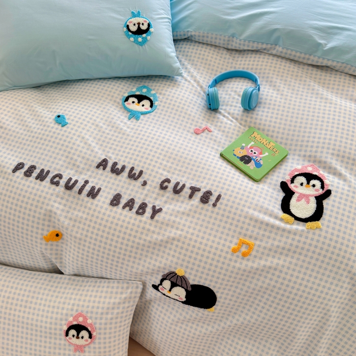 91家纺网 家纺一手货源 找家纺 如意朵 2026新款全棉小清新绣花四件套第一批 企鹅抱抱