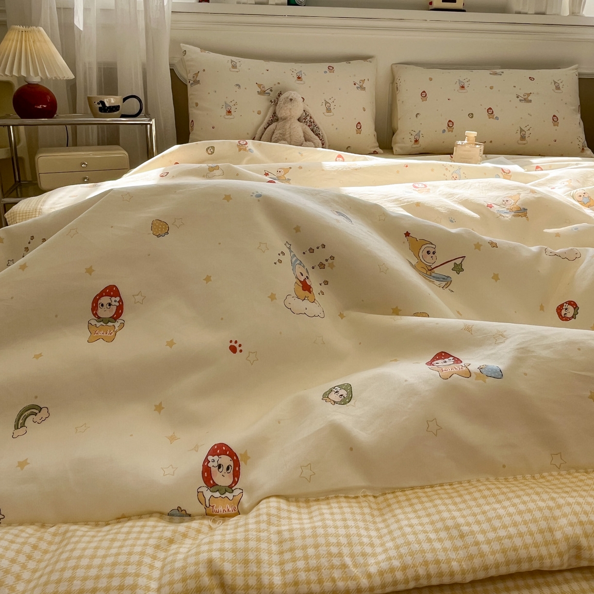 91家纺网 家纺一手货源 找家纺 一加一 2026新款雅棉活性印花大豆夏被四件套 夏凉被空调被 星星人