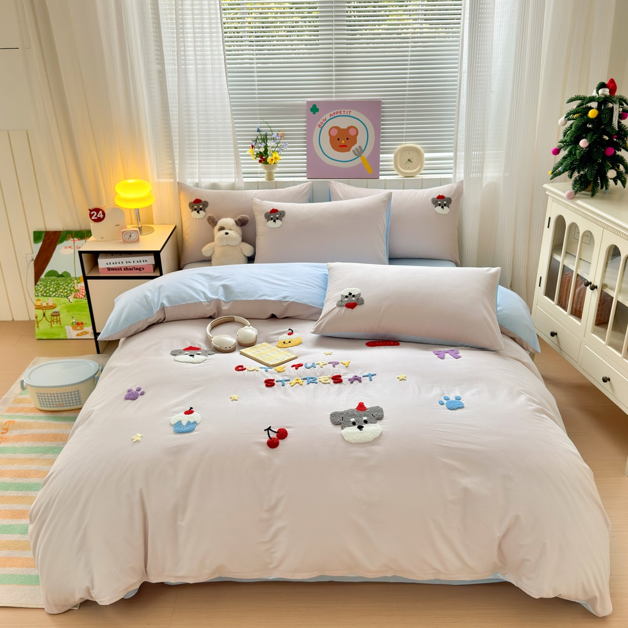 如意朵 2026新款全棉小清新绣花四件套第一批 软萌小狗