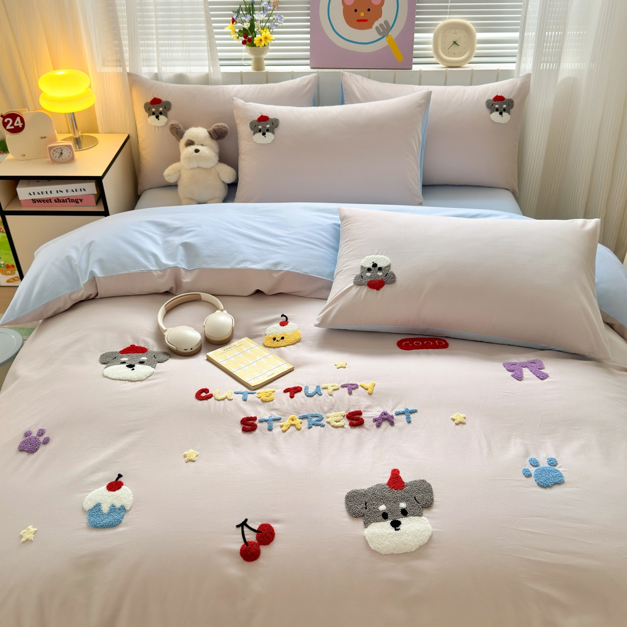 91家纺网 家纺一手货源 找家纺 如意朵 2026新款全棉小清新绣花四件套第一批 软萌小狗