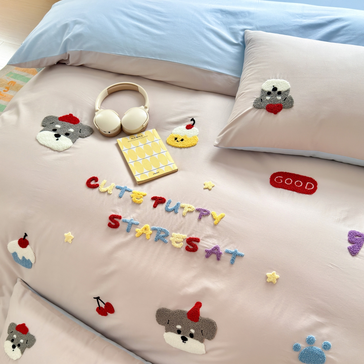 91家纺网 家纺一手货源 找家纺 如意朵 2026新款全棉小清新绣花四件套第一批 软萌小狗