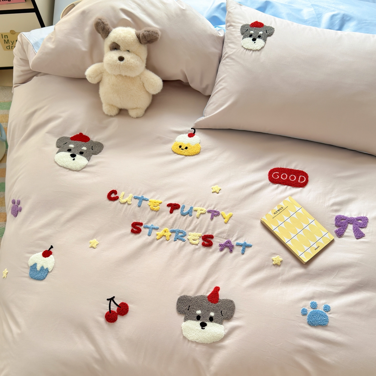 91家纺网 家纺一手货源 找家纺 如意朵 2026新款全棉小清新绣花四件套第一批 软萌小狗