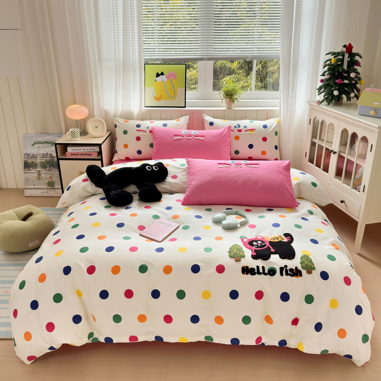 如意朵 2026新款全棉小清新绣花四件套第一批 贪吃猫