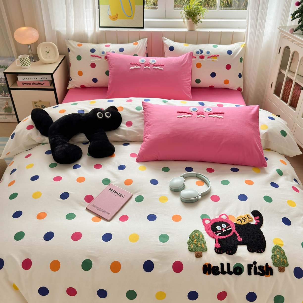 91家纺网 家纺一手货源 找家纺 如意朵 2026新款全棉小清新绣花四件套第一批 贪吃猫