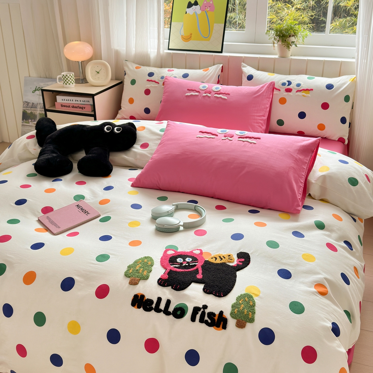 91家纺网 家纺一手货源 找家纺 如意朵 2026新款全棉小清新绣花四件套第一批 贪吃猫