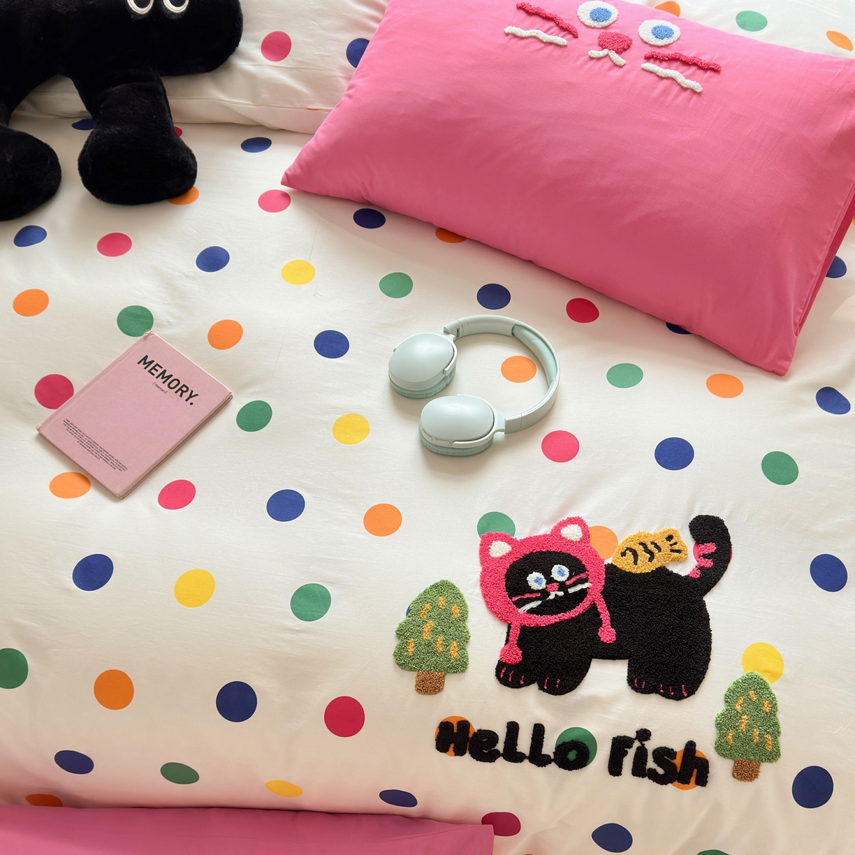 91家纺网 家纺一手货源 找家纺 如意朵 2026新款全棉小清新绣花四件套第一批 贪吃猫