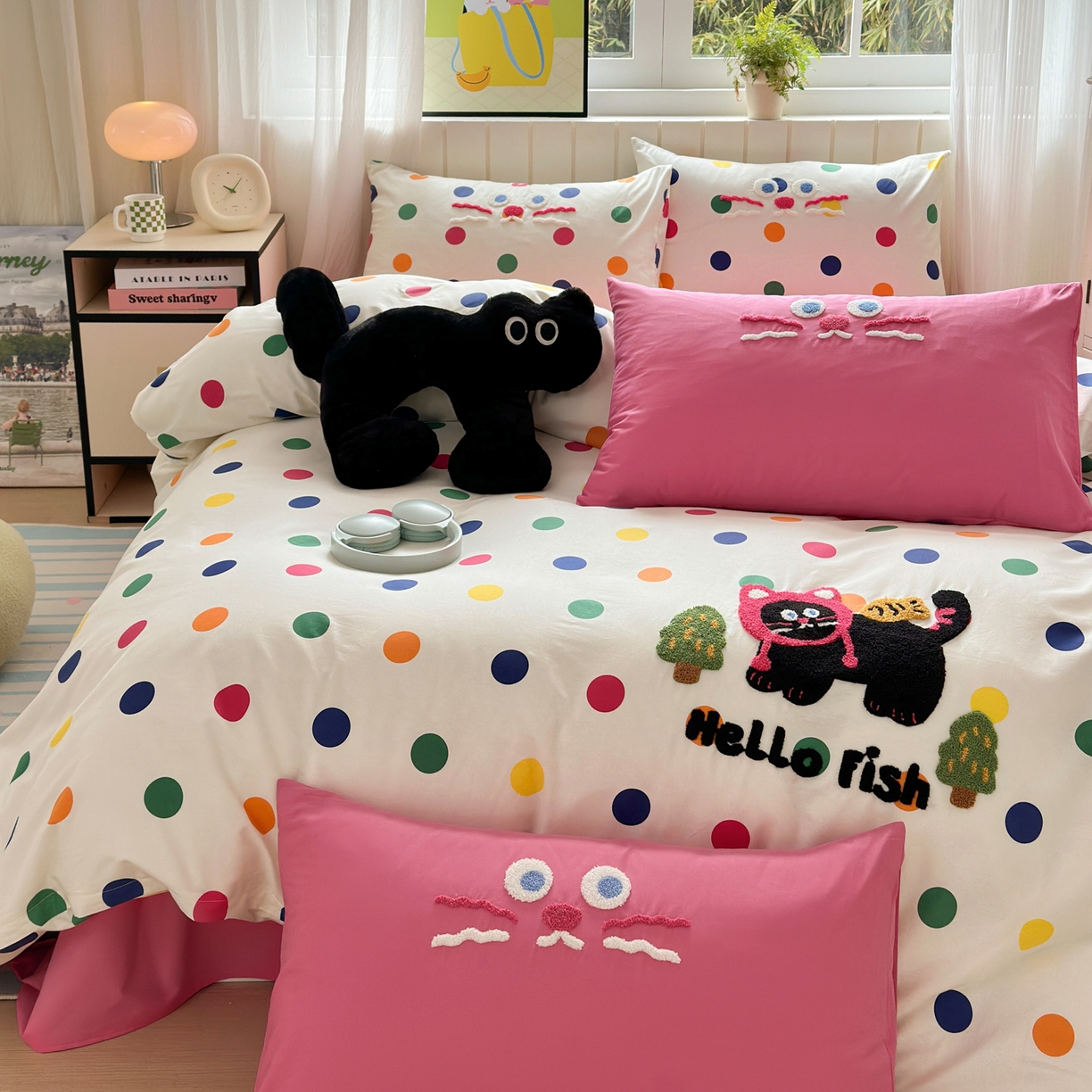 91家纺网 家纺一手货源 找家纺 如意朵 2026新款全棉小清新绣花四件套第一批 贪吃猫