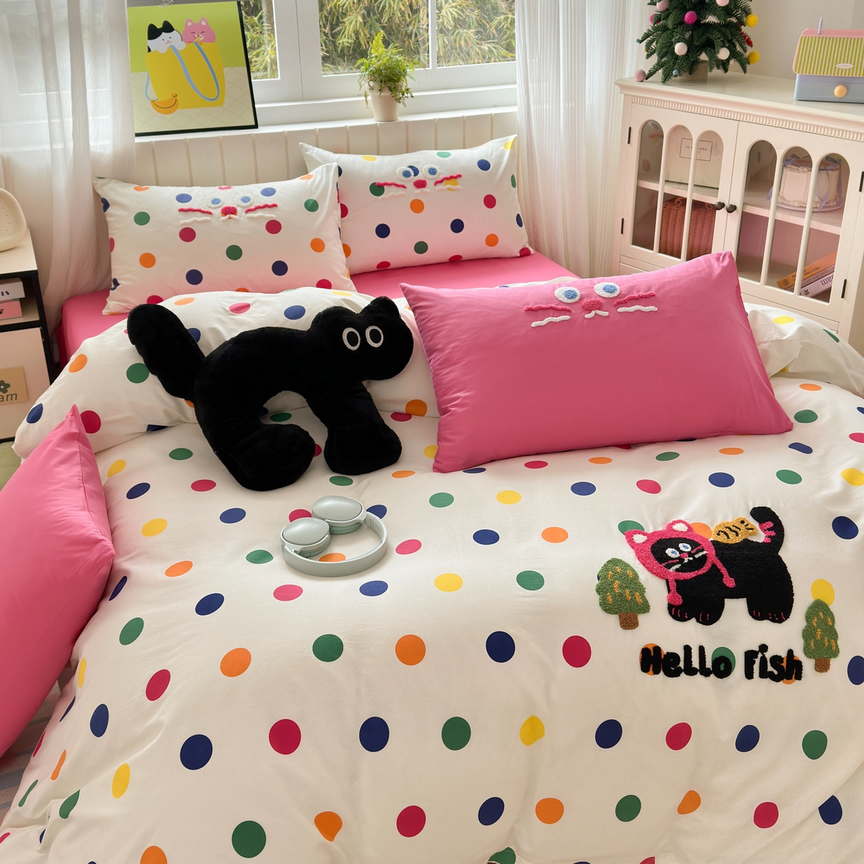 91家纺网 家纺一手货源 找家纺 如意朵 2026新款全棉小清新绣花四件套第一批 贪吃猫