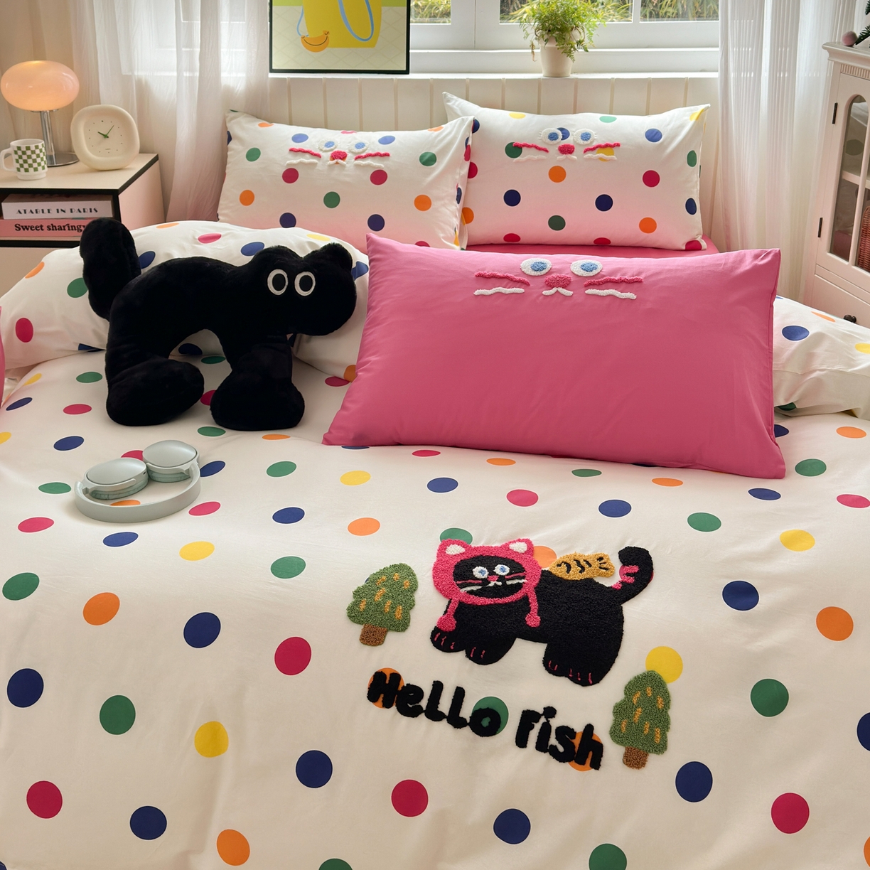 91家纺网 家纺一手货源 找家纺 如意朵 2026新款全棉小清新绣花四件套第一批 贪吃猫