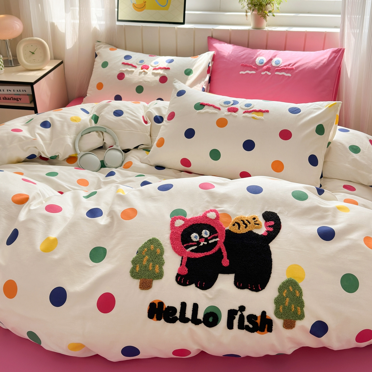 91家纺网 家纺一手货源 找家纺 如意朵 2026新款全棉小清新绣花四件套第一批 贪吃猫