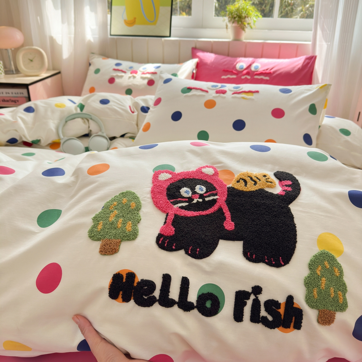 91家纺网 家纺一手货源 找家纺 如意朵 2026新款全棉小清新绣花四件套第一批 贪吃猫