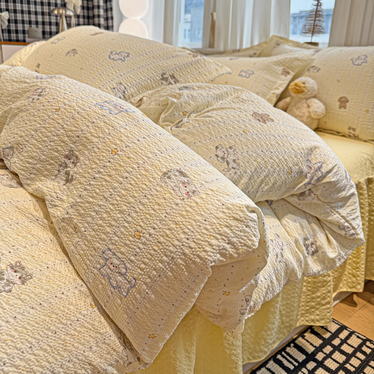 91家纺网 家纺一手货源 找家纺 （总）富米莱（原臻工厂） 2026新款云感泡芙棉小清新印花简约床盖床裙四件套一小红书推荐